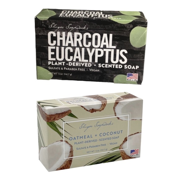 ShugarSoap Works 2 Vegan Oatmeal Coconut & Charcoal Eucalyptus Scented Bar Soaps - Picture 1 of 3
